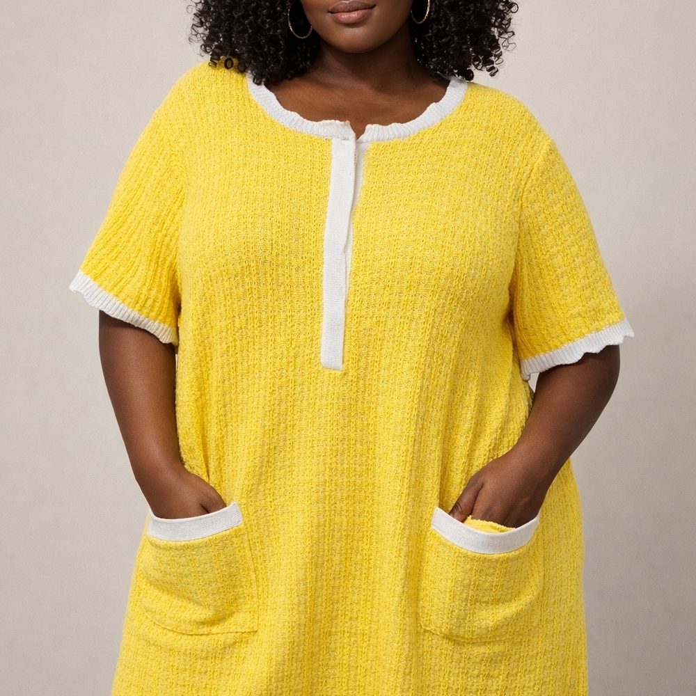 Yellow Knit Pocket Dress with Contrast Trim